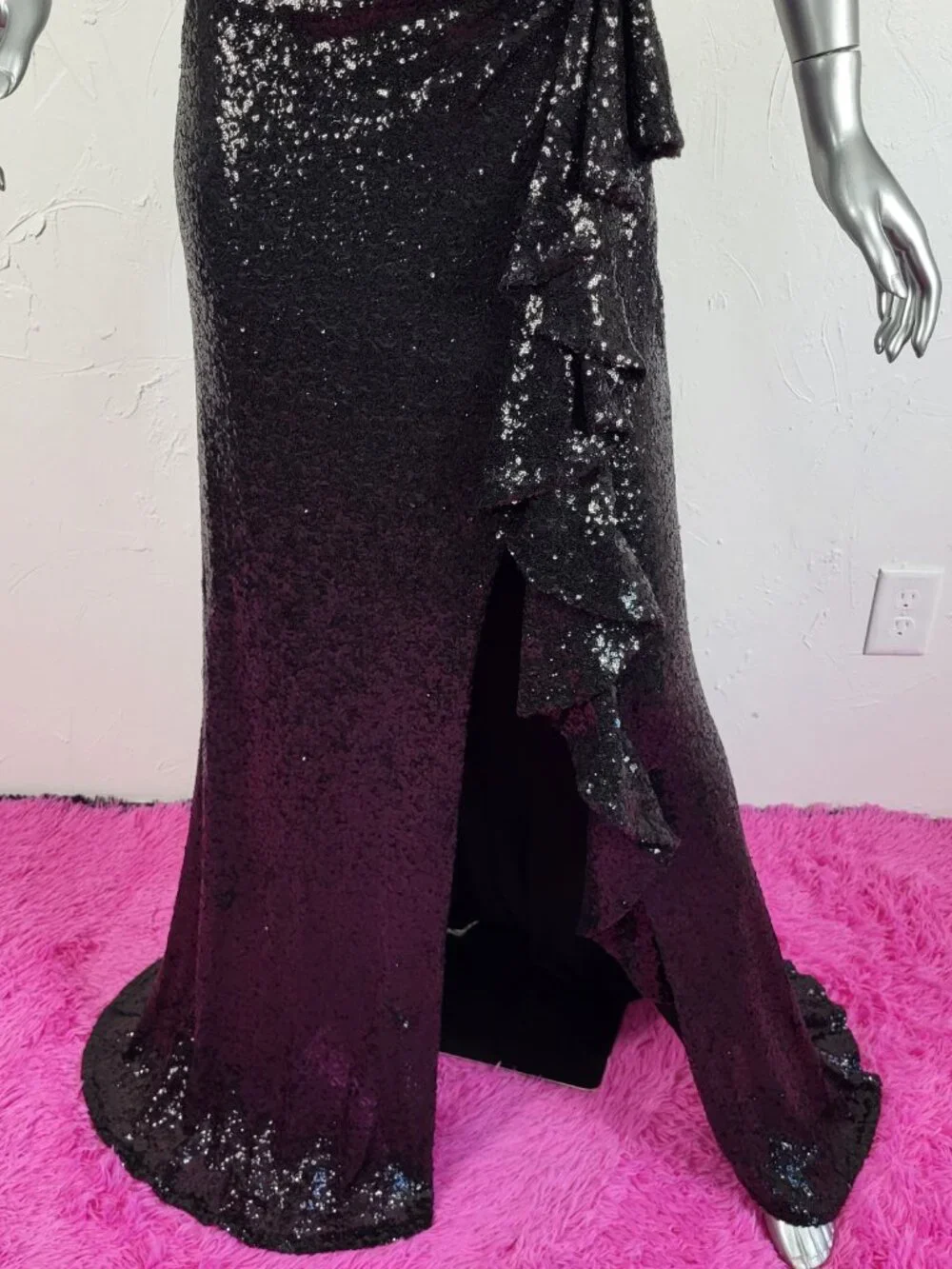 NWT~$595~TADASHI SHOJI~M~BLACK SEQUIN SLIT RUFFLE RUCHED PROM EVENING MAXI DRESS